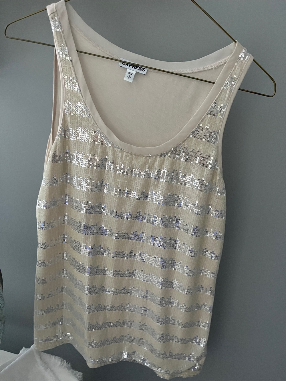 Express Cream Tank Top with Silver Sequin Stripes